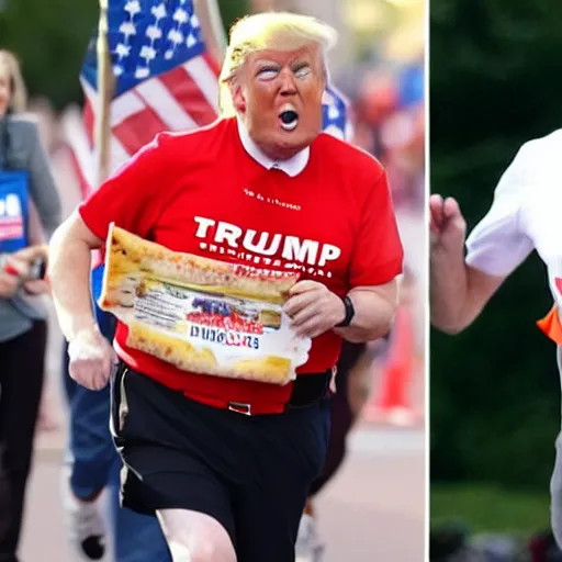 Image similar to Donald Trump running in a marathon while eating a fat slice of pizza, photorealistic