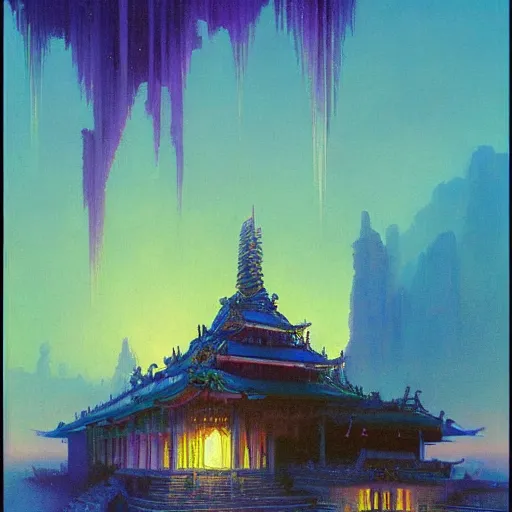 Prompt: a beautiful painting of a dimly lit temple with blue and purple sources of light by bruce pennington, trending on artstation