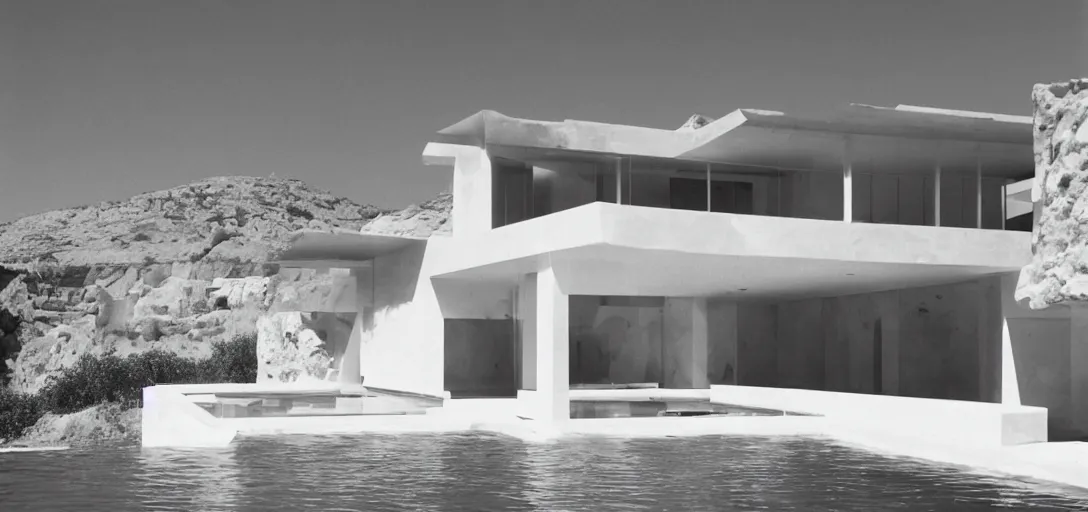 Image similar to ivory - white marble house designed by ictinus in california. photographed in 1 9 7 2. person swimming underwater in pool