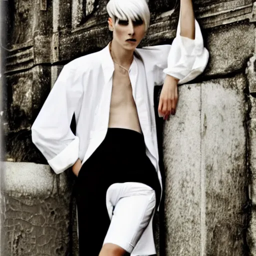 Image similar to kitsch fashion, trashy photo, androgynous people in white clothes, new age, vogue