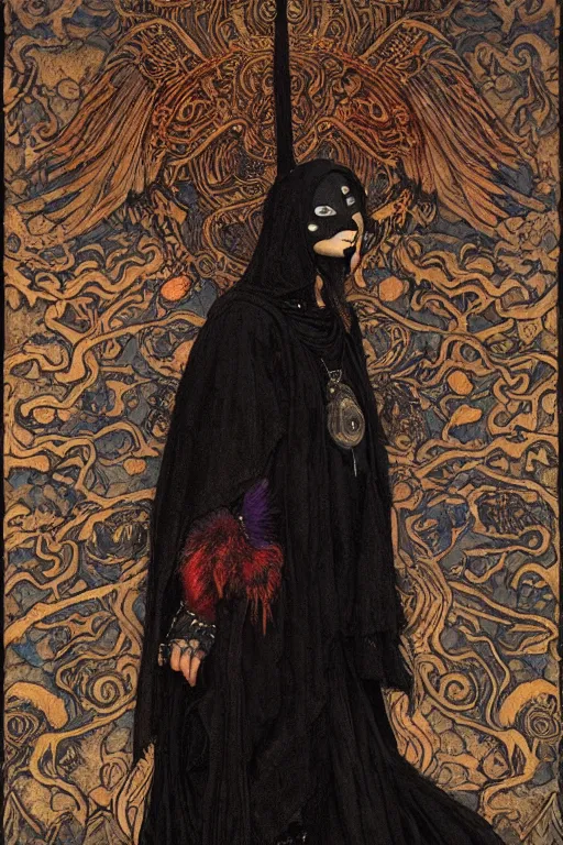 Image similar to a raven dressed as a goth shaman, by Annie Swynnerton and Nicholas Roerich and John Bauer and jean delville and John William Godward and Donato Giancola and Vermeer, black leather and embroidered velvet, iridescent beetles, rich color, dramatic cinematic lighting, featured on Artstation, extremely detailed