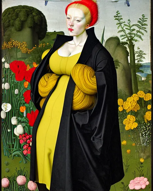 Image similar to portrait of a curvy woman with yellow hair buns, wearing a black raincoat and leggings, standing in a garden full of plants and flowers, intricate details, high detail, in the style of rogier van der weyden and jacopo da pontormo, punk
