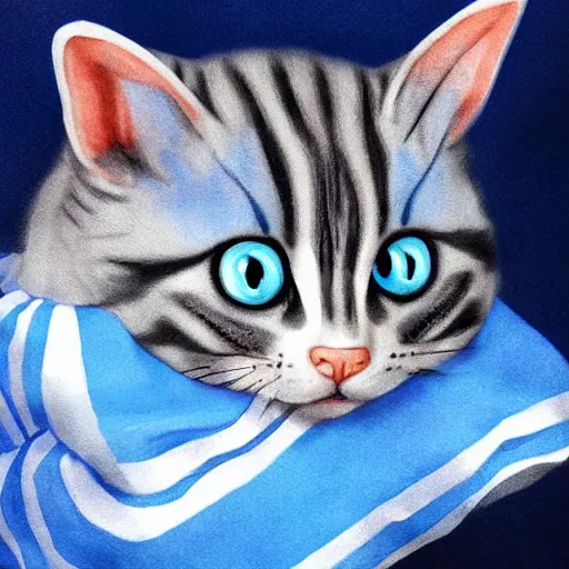 Image similar to cute blue striped cat of cheshire from alice in wonderland. an adorable cat with light blue stripes, blue eyes and a big playful smile. award - winning digital art by mona sundberg, trending on artstation