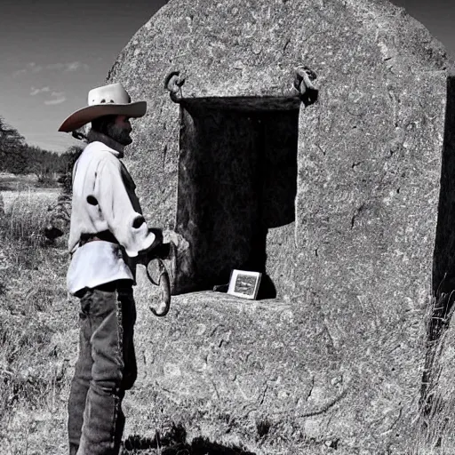 Prompt: a cowboy stumbles upon an open grave that contains a mystical book that could lead to all the secrets of life but not knowing how to read leads the cowboy to become very frustrated