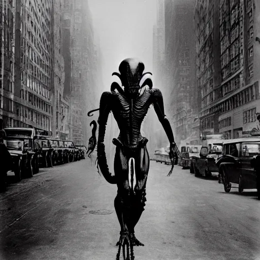 Image similar to old black and white photo, 1 9 1 3, depicting a xenomorph from the movie aliens rampaging through the bustling streets of new york city, historical record