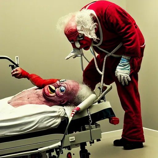 Image similar to elderly clown restrained to hospital bed with wrist restraints attached to hospital bed, greg rutkowski, photograph, 8 k