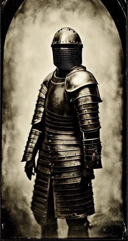 Prompt: a wet plate photograph, a portrait of an old knight