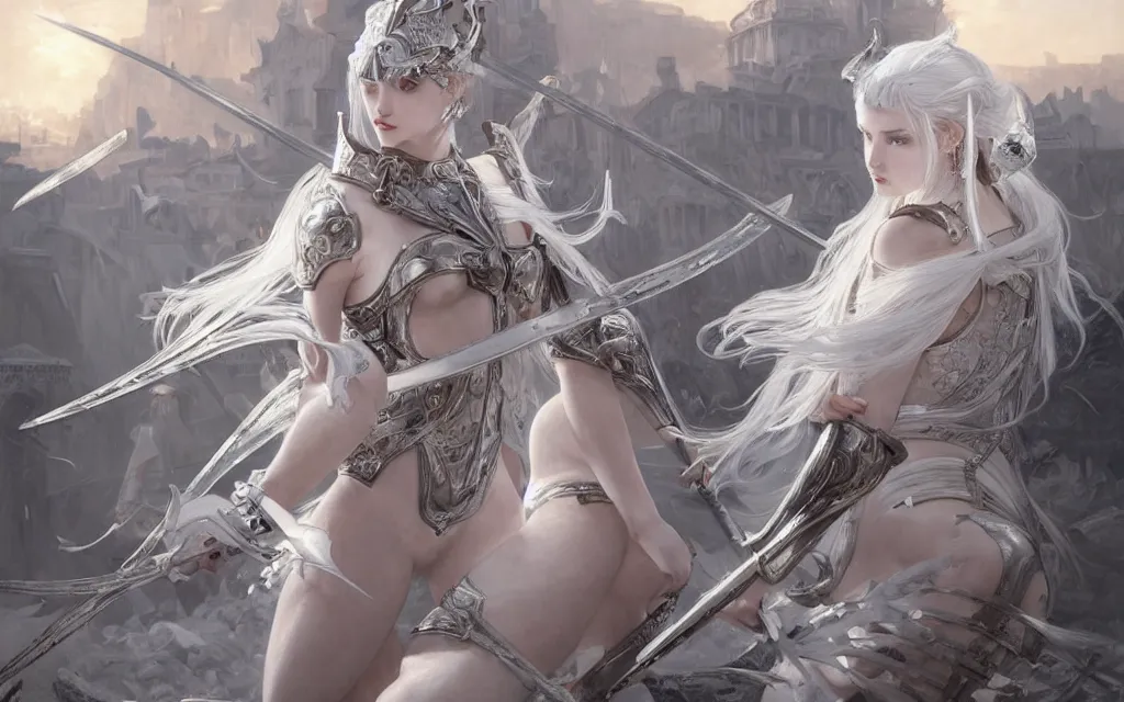 Image similar to white hair knights of zodiac girl, sliver ice color reflected armor, bushido fighting in ruined agora of athens sunrise, ssci - fi and fantasy, intricate and very very beautiful and elegant, highly detailed, digital painting, artstation, concept art, smooth and sharp focus, illustration, art by tian zi and wlop and alphonse mucha