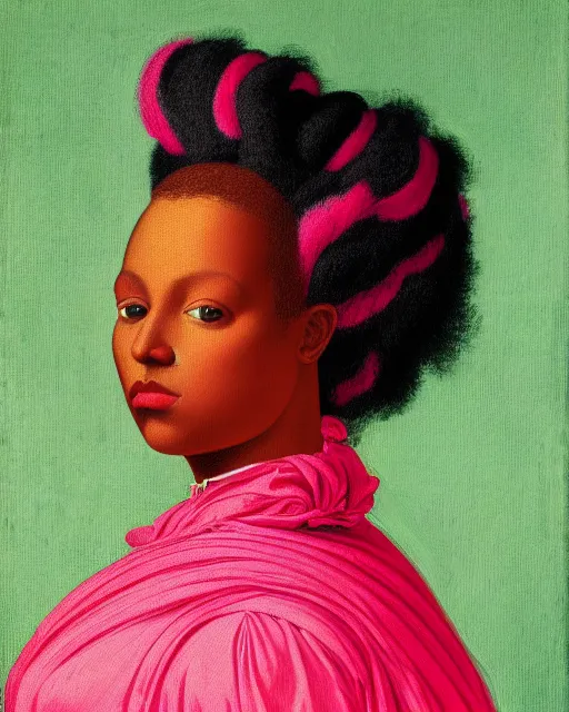 Prompt: photo-realistic portrait of black woman with pink hair, wearing a neon red dress by Vivienne Westwood, intricate details, masterpiece, in the style of Jean Auguste Dominique Ingres, black background