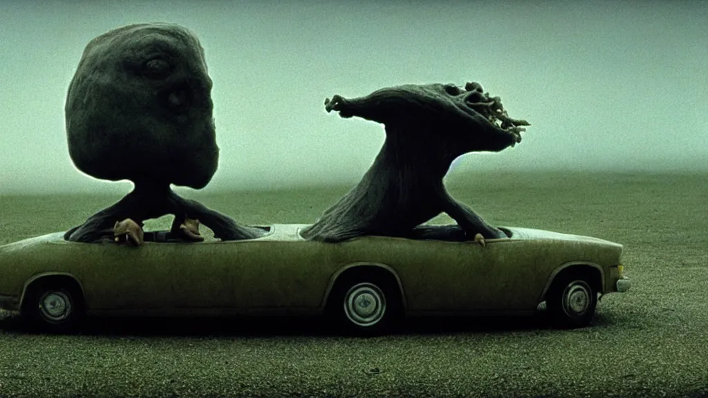 Prompt: the hip creature on the car, film still from the movie directed by denis villeneuve and david cronenberg with art direction by salvador dali and zdzisław beksinski, wide lens