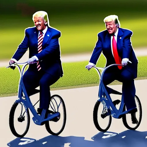 Image similar to joe biden and donald trump drunkenly riding a tandem bike together, laughing and joking, photorealistic, detailed