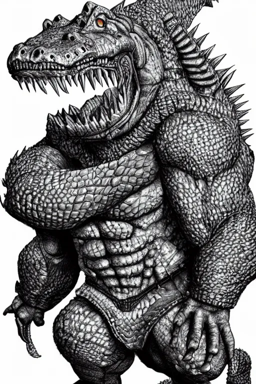 Prompt: portrait of a muscular crocodile man barbarian, furry art, fursona, anthro, detailed scales, akira toriyama