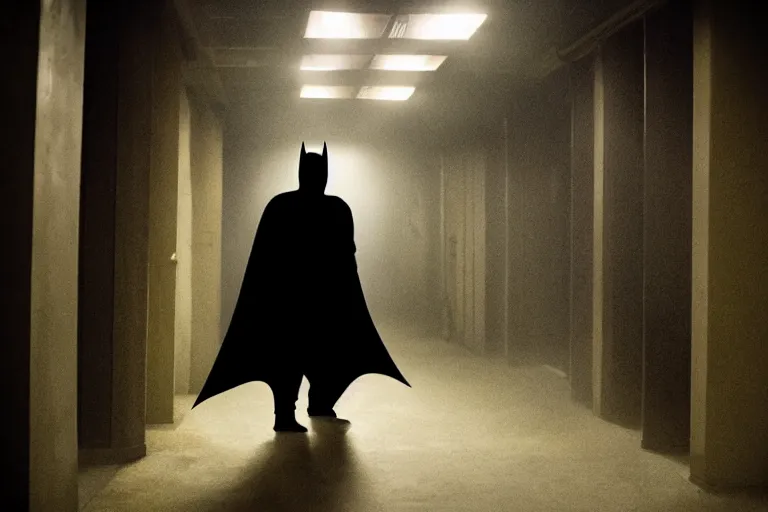 Image similar to batman wielding axe, chasing man through hallway, atmospheric eerie lighting, bodycam