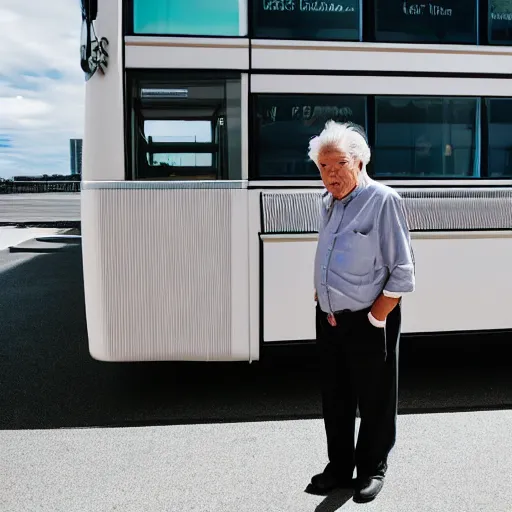 Prompt: a elderly man standing on top of a transperth bus, canon eos r 3, f / 1. 4, iso 2 0 0, 1 / 1 6 0 s, 8 k, raw, unedited, symmetrical balance, wide angle