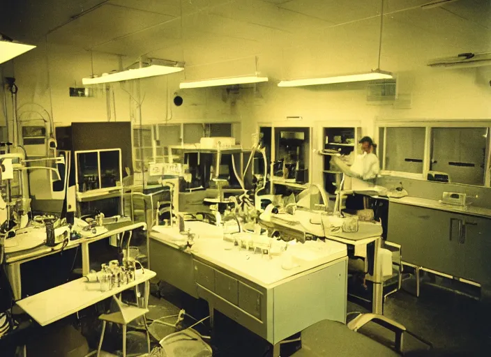 Prompt: a 3 5 mm photo of the interior of a scientific laboratory in the 1 9 5 0 s, bokeh, canon 5 0 mm, cinematic lighting, dramatic, film, photography, golden hour, depth of field, award - winning, 3 5 mm film grain, retro, film, kodachrome