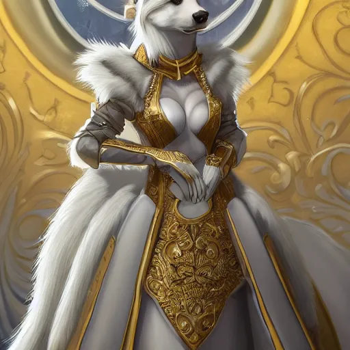 Image similar to commissioned full body portrait of a female anthropomorphic furry wolf princess fursona with white hair wearing a white and gold armored dress in a white and gold palace, by Wlop and jerry park, artstation, extremely detailed