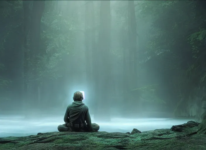 Prompt: film still of luke skywalker, meditating on dagobah, deep focus, dramatic lighting, octane, mist, steve mccurry, volumetric lighting, 8 k