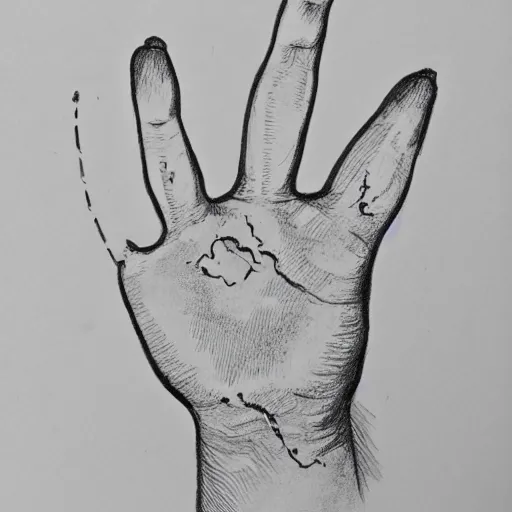 Prompt: drawing of a ten finger hand, drawn with blood on paper