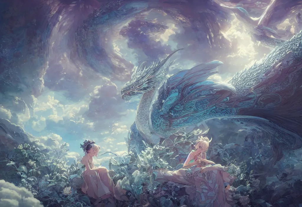 Image similar to the beautiful hyper detailed scene render that a lonely single beautiful girl lies in the arms of a huge silver dragon alone in the fairyland surrounded by white clouds, in the style of makoto shinkai victo ngai and peter mohrbacher studio ghibli artgerm karol bak beeple, cinematic, absolutely beautiful, ultra wide angle, animation style, 8 k hd