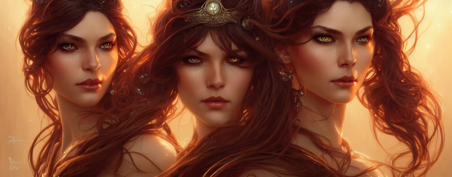 Image similar to fantasy magic woman portrait, sci-fi, amber eyes, face, long hair, fantasy, intricate, elegant, highly detailed, digital painting, artstation, concept art, smooth, sharp focus, illustration, art by artgerm and greg rutkowski and alphonse mucha