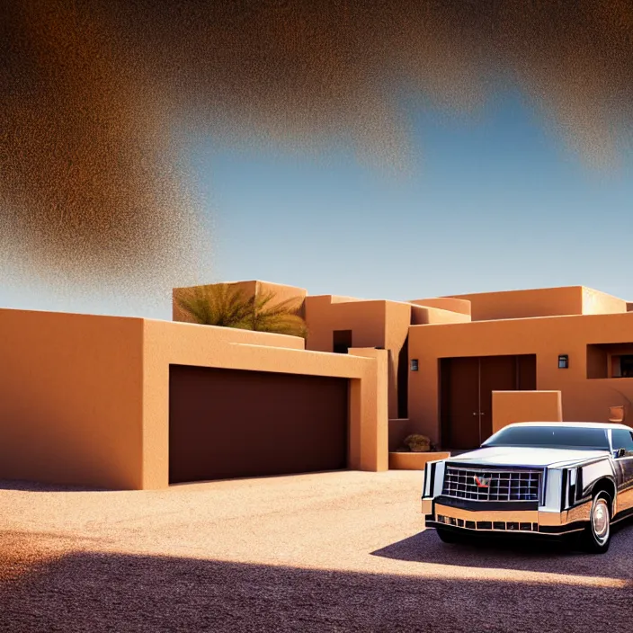 Prompt: hyper realistic, high detail photo of desert house with cadillac in the driveway, beautiful, happy lighting