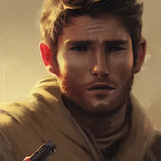 Image similar to portrait of a man by greg rutkowski, jedi knight, he looks like scott eastwood, wearing a flying jacket, star wars expanded universe, he is about 3 0 years old, highly detailed portrait, digital painting, artstation, concept art, smooth, sharp foccus ilustration, artstation hq