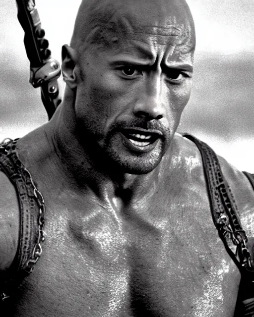 Image similar to film still close up shot of dwayne johnson in the movie mad max 2 the road warrior. photographic, photography