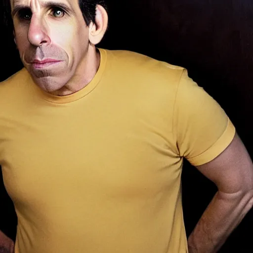 Image similar to a selfie of ben stiller sad because he got mustard on his shirt