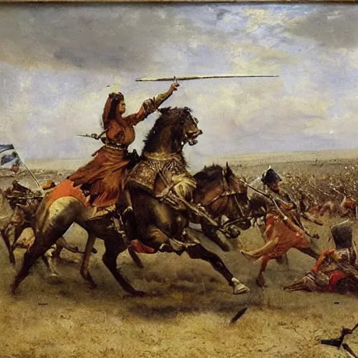 Prompt: action heroine leading an army into battle, by alfred stevens