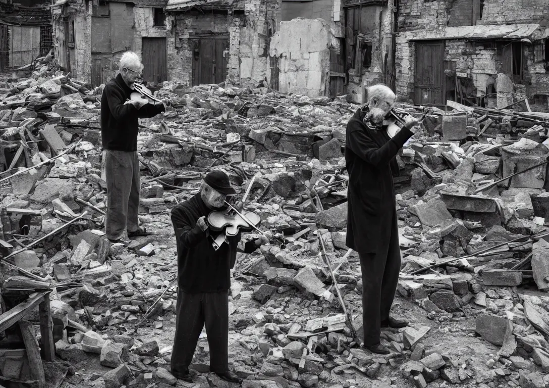 Prompt: An old photo of an old man playing the violin while standing in the rubbles after a war, unreal engine, black and white schemed, trending on artstation