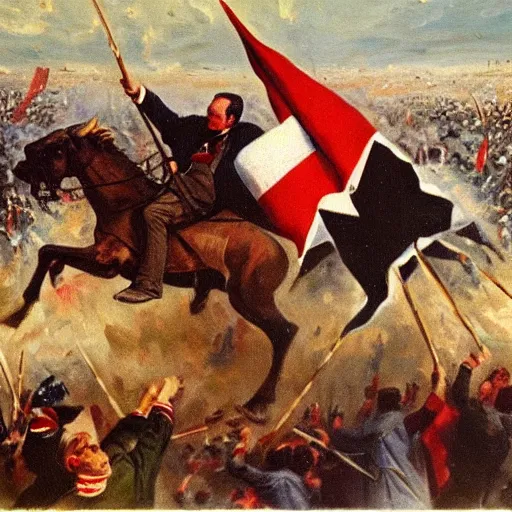 Image similar to George H.W. Bush destroys Iraq, oil on canvas, 1883