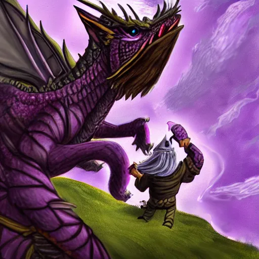 Image similar to purple dragon tames a gnome, fantasy illustration