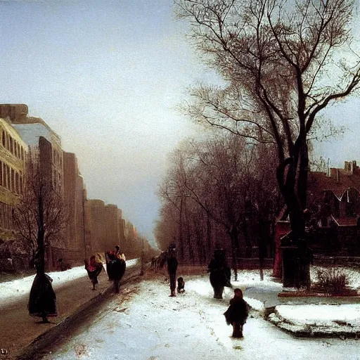 Prompt: Kid freezing on the city street oil painting by Albert Bierstadt