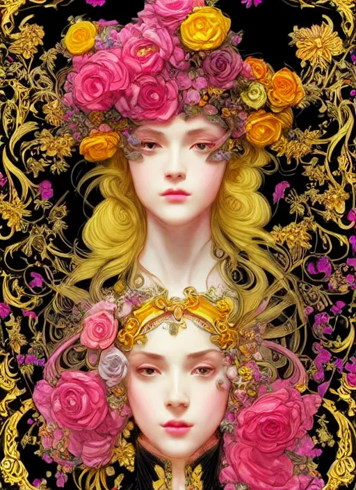 Image similar to beautiful black pink yellow, complicated gold and pink flowers in baroque style headwears, dark fantasy, intricate, elegant, highly detailed, digital painting, artstation, highly saturated colors, concept art, matte, 3 d 8 k octane rendered, sharp focus, illustration, octane rendered, art by artgerm and alphonse mucha, leesha hannigan