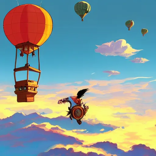 Image similar to cartoon of a ibis - headed man in a hot - air balloon floating in a sea of clouds, in the style of yusuke nakano, breath of the wild, trending on artstation, concept art, bronze age