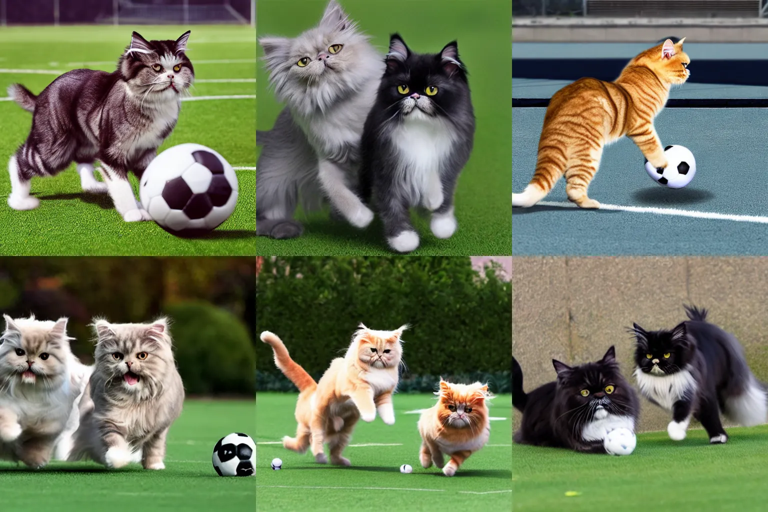 Prompt: Persian cats playing soccer, photo realistic, 8k