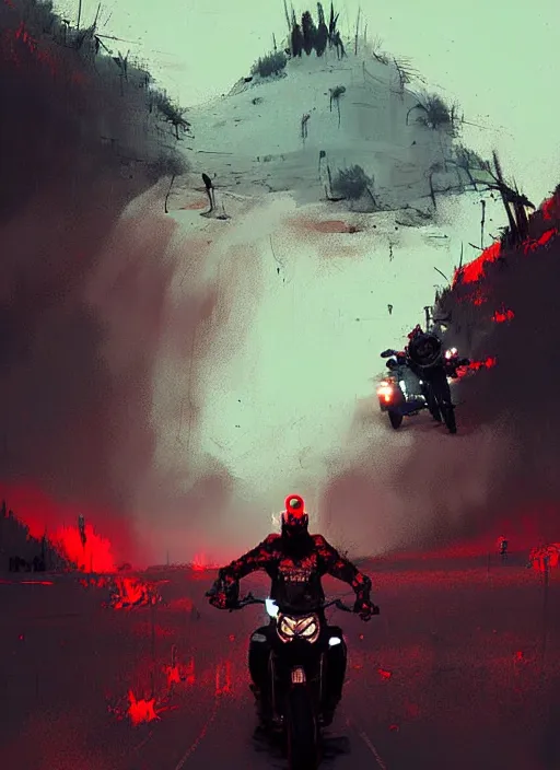 Image similar to horror art, motorbikers race in hell, red peaks in the background, art by ismail inceoglu