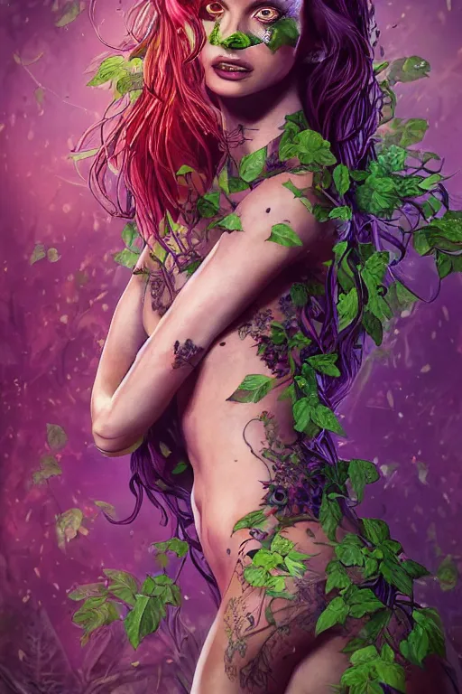 Image similar to Photorealistic frontal standing pose portrait of Emily Ratajowski as Poison Ivy, floral tattoos all around, covered by leaves, push-up underwire, beautiful flowers on her hair Intricate, concept art, magic lighting overlays, magical portal opened, D&D!, fantasy style, sharp focus!, ultra detailed, art by Artgerm and Peter Andrew Jones, WLUP, Magali Villeneuve