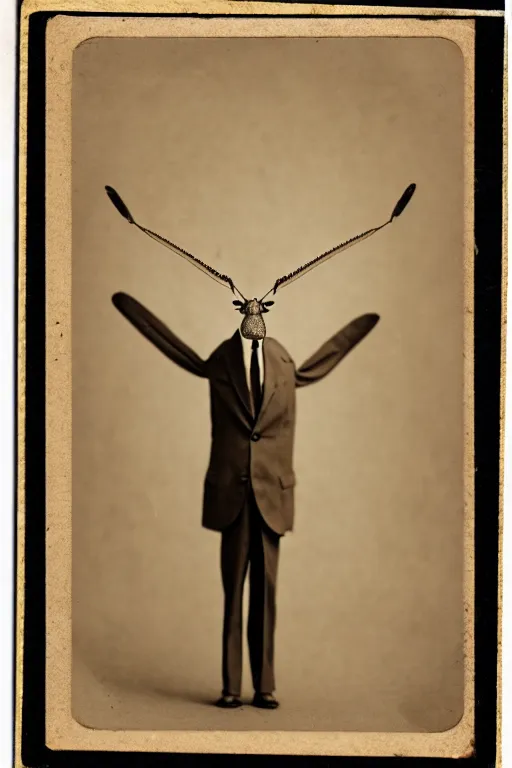 Image similar to anthropomorphic praying mantis, wearing a suit, vintage photograph, sepia