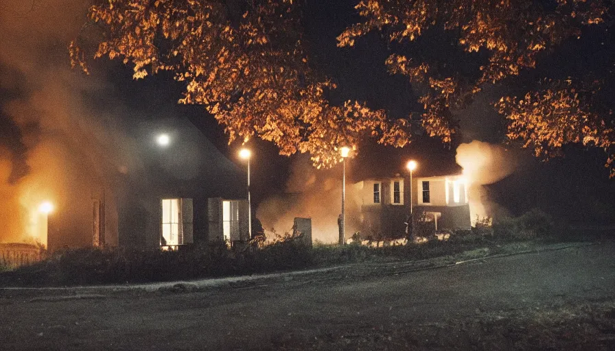 Prompt: 1 9 7 0 s movie still of a heavy burning french style little house by night in autumn, in a small northern french village, sony mini dv camera, heavy grain, high quality, high detail, dramatic light, anamorphic, flares