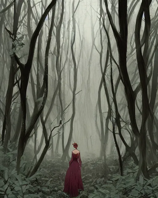 Image similar to elsa walking in a forest, winter, somber, sad, black dress, low light, foggy at dawn, sunlight visible through tree leaves, misty, magic, atmospheric art by artgerm and greg rutkowski and alphonse mucha and by artgerm, by studio muti, greg rutkowski makoto shinkai takashi takeuchi,