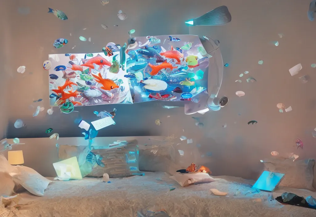 Image similar to 3 d fishes popping out of curved movie screen floating in bedroom, volumetric lighting, sleeping, pair of keycards on table, bokeh, creterion collection, shot on 7 0 mm, instax