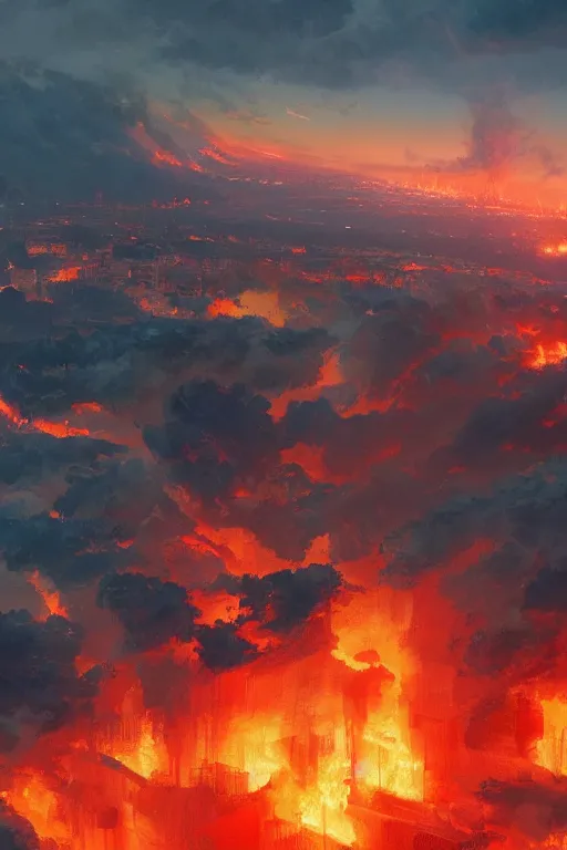 Prompt: The end of the word, huge fire, airplane window view, matte painting, ilya kuvshinov landscape, very detailed, ArtStation
