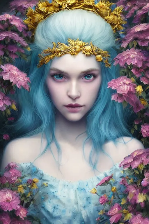 Image similar to a pale girl with white hair wears floral crown, sad blue eyes, cinematic lighting, ultra detailed, highly detailed, sharp focus, golden background with flowers, golden jewellery with blue sapphires, photographic, art by artgerm and greg rutkowski and zdislav beksinski