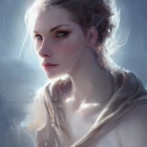 Image similar to a portrait of a beautiful hopeful lady with pretty eyes, beautiful eyes, highly detailed eyes, looking up, looking up, light smiling, art of wlop and greg rutkowski, intricate, high details, eyes, epic fantasy art, cgsociety, trending on artstation, bright light masterpiece, ray of light through white hair