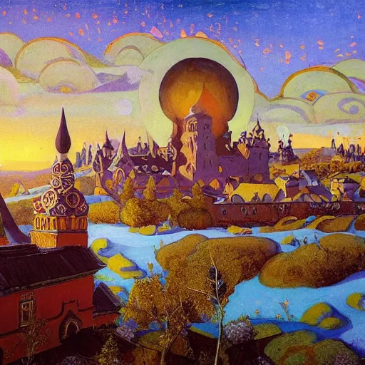 Prompt: photo beautiful magical ancient Slavic Russian city of Kitezh, fisheye lens, painting by Viktor Vasnetsov, concept art, magical city, fantasy cityscape, ancient Slavs, wooden buildings, ancient Russian architecture, terem, hyperborea, top cinematic lighting , cinematic mood, very detailed, 8k, high resolution, painting by Nicholas Roerich, trending on artstation, artstationHD,