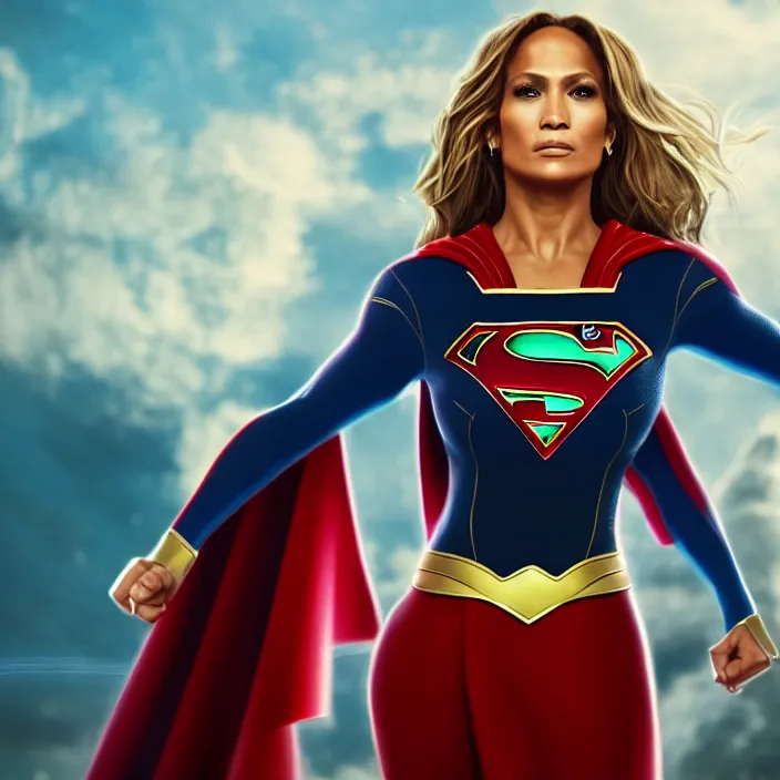 Prompt: jennifer lopez as supergirl. intricate abstract. intricate artwork. by tooth wu, wlop, beeple, dan mumford. octane render, trending on artstation, greg rutkowski very coherent symmetrical artwork. cinematic, hyper realism, high detail, octane render, 8 k, iridescent accents