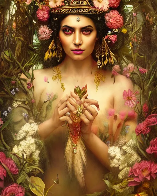 Image similar to portrait of the indian queen of the underworld, surrounded by flowers by karol bak, james jean, tom bagshaw, rococo, sharp focus, trending on artstation, cinematic lighting, hyper realism, octane render, 8 k, hyper detailed.