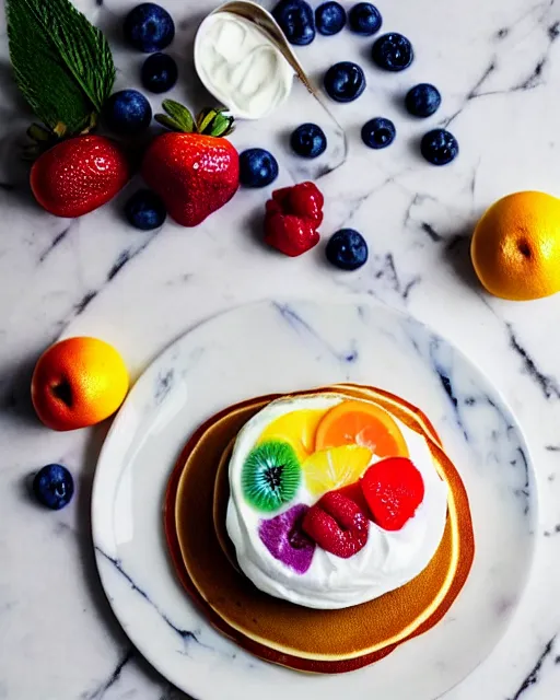 Prompt: realistic photo of delicious rainbow pancakes with fruits, whipped cream, white kitchen table, cloth, marble, highly detailed, by louise lister, sara ali, mary devinat, kailee mandel, sharp focus!!, masterpiece, award winning, elegant, instagram, high quality food photography