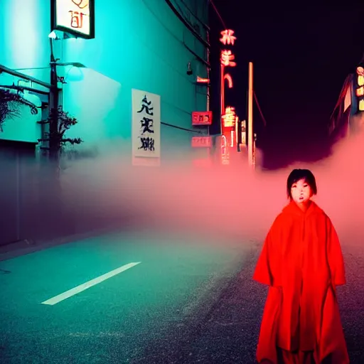 Image similar to a dramatic colorful fujifilm photograph of a young japanese girl\'s silhouette standing in the middle of a tranquil nighttime tokyo street. neon signs light the fog with volumetric rays.